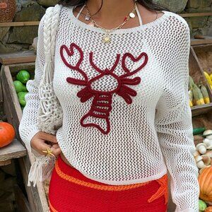 Red and White Casual Women's Oblique Shoulder Sweater with 3D Lobster Design